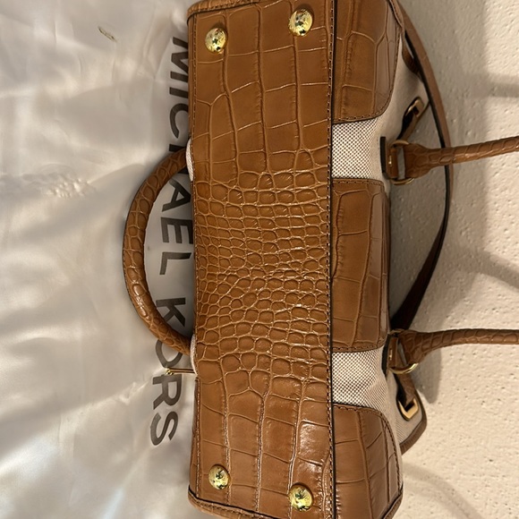 MICHAEL KORS HAMILTON WALNUT BROWN CROC LEATHER CENTER STRIPE SATCHEL - Picture 9 of 11